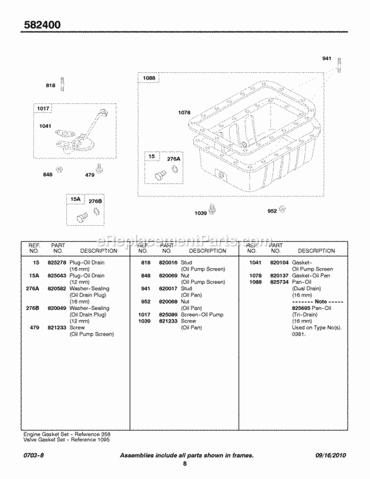 Oil Pan Oil Screen Diagram and Parts List for 582447-0476-E2  Briggs and Stratton Engine